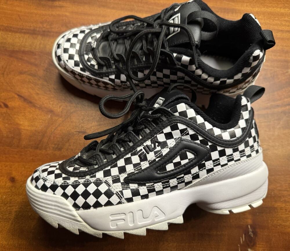 FILA Disruptor 2 Women’s Black White Checkered Retro Leather Sneakers Sz 8